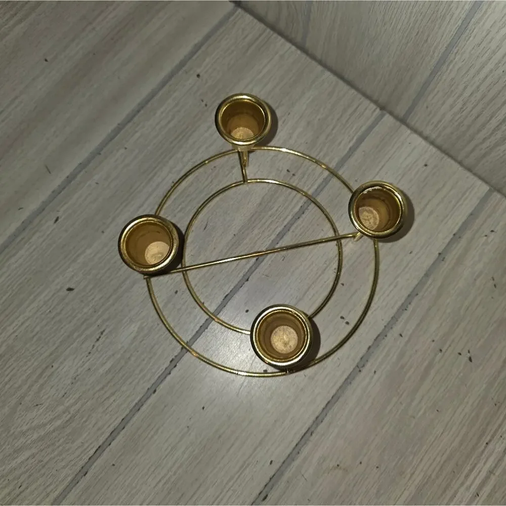 Vtg Gold Round 4 Candle Candelabra Taper Candlestick Holder Holiday MCM